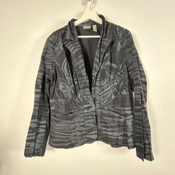 Chico's Womens Black & Gray Animal Print Cotton Single Button Jacket Size 2 - Picture 1 of 7